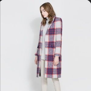 Zara Red and Blue Tartan Plaid Coat sz M
